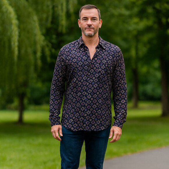 Robert Stock Shirt Men L Multicolor Abstract 100% Silk Collared Button Up Preppy - Picture 1 of 12